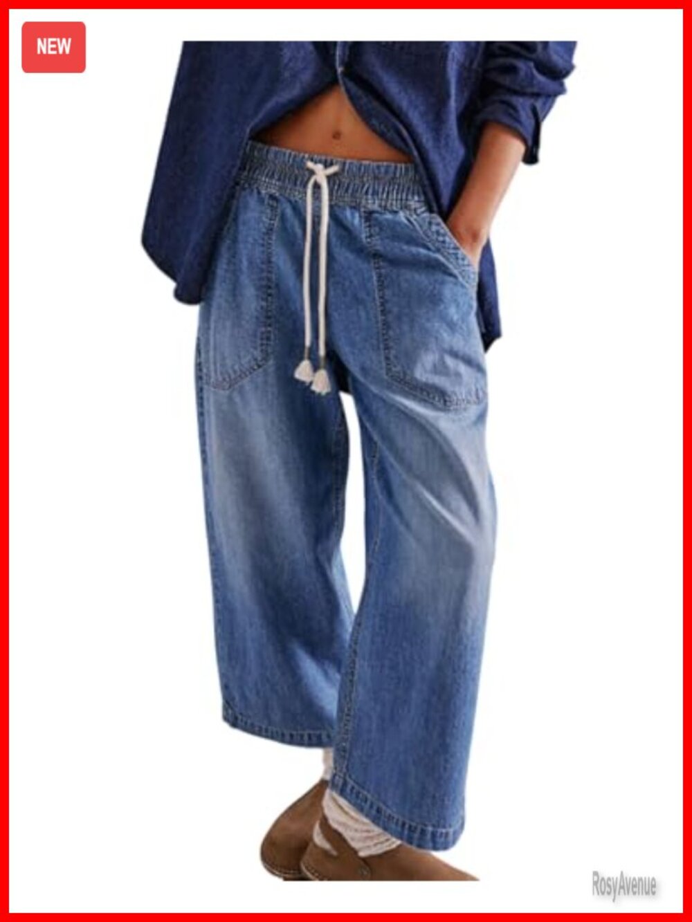 Women's Baggy Boyfriend Jeans Elastic Low Rise Wide Leg Cropped Denim Pants